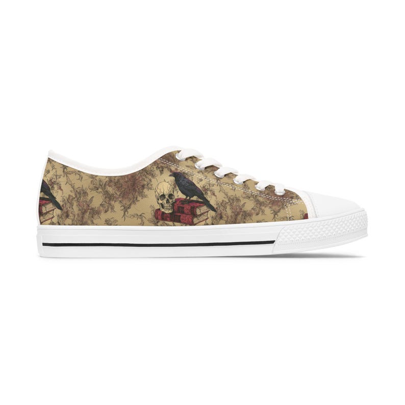 Colorful Women's Low Top Sneaker Black Raven and Skull Sneakers