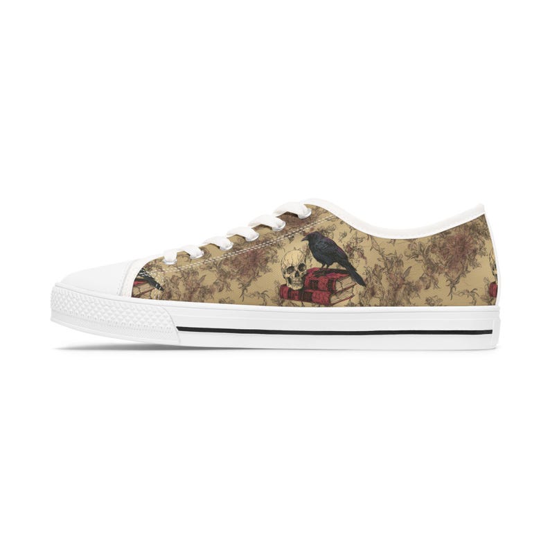 Colorful Women's Low Top Sneaker Black Raven and Skull Sneakers